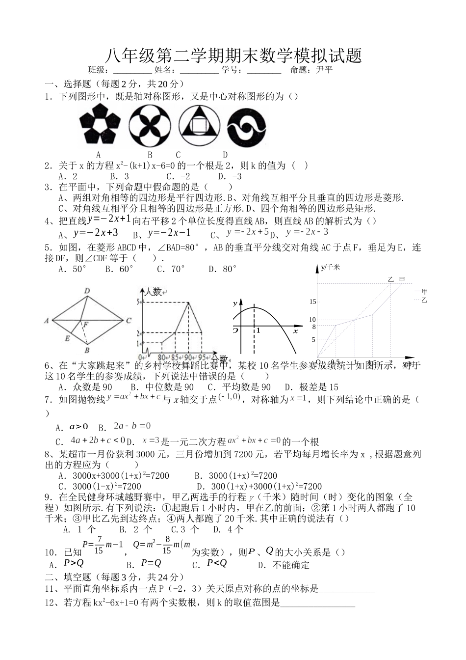 初二数学第二学期期末模拟试题正余初中尹平_第1页