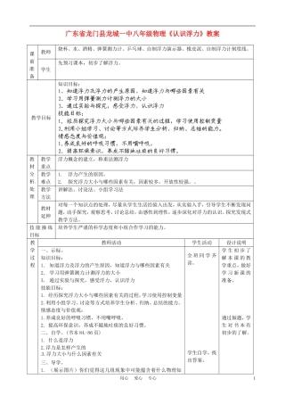 广东省龙门县龙城一中八年级物理《认识浮力》教案