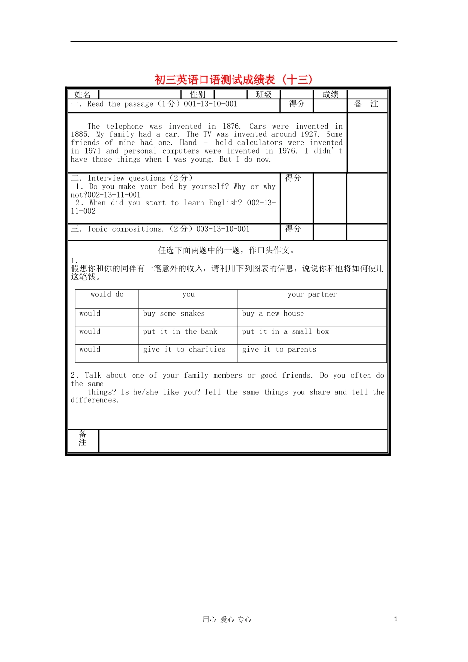 北京市海淀区九年级英语口试模拟试题(13)_第1页