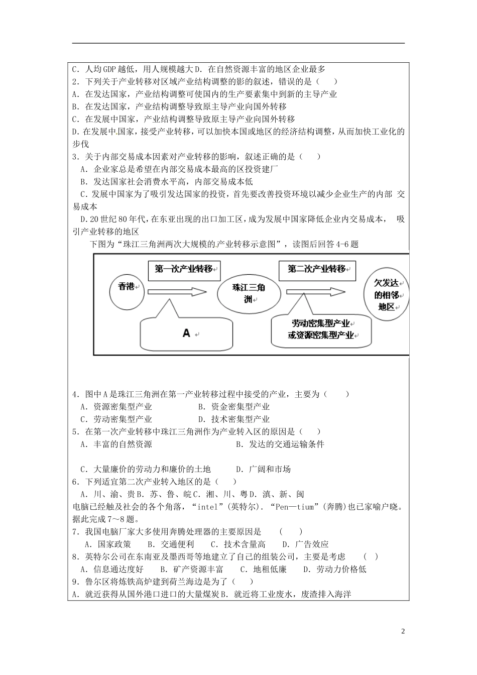江苏省常州市西夏墅中学高二地理-第五章-第二节-产业转移教学案_第2页