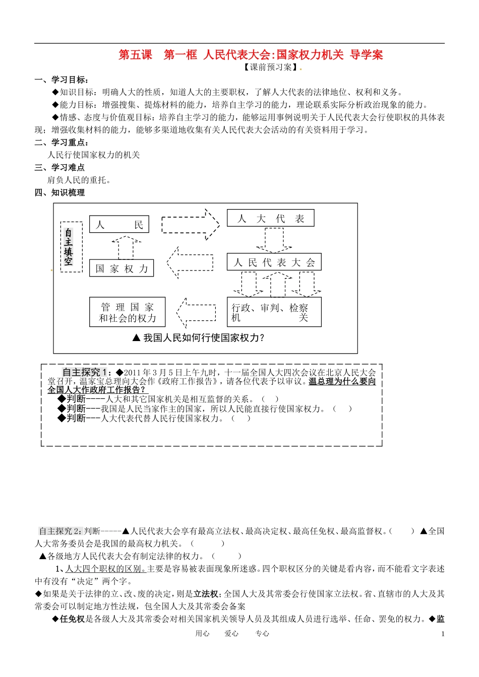 河北省张家口一中高一政治-5.1《国家权力机关》学案_第1页