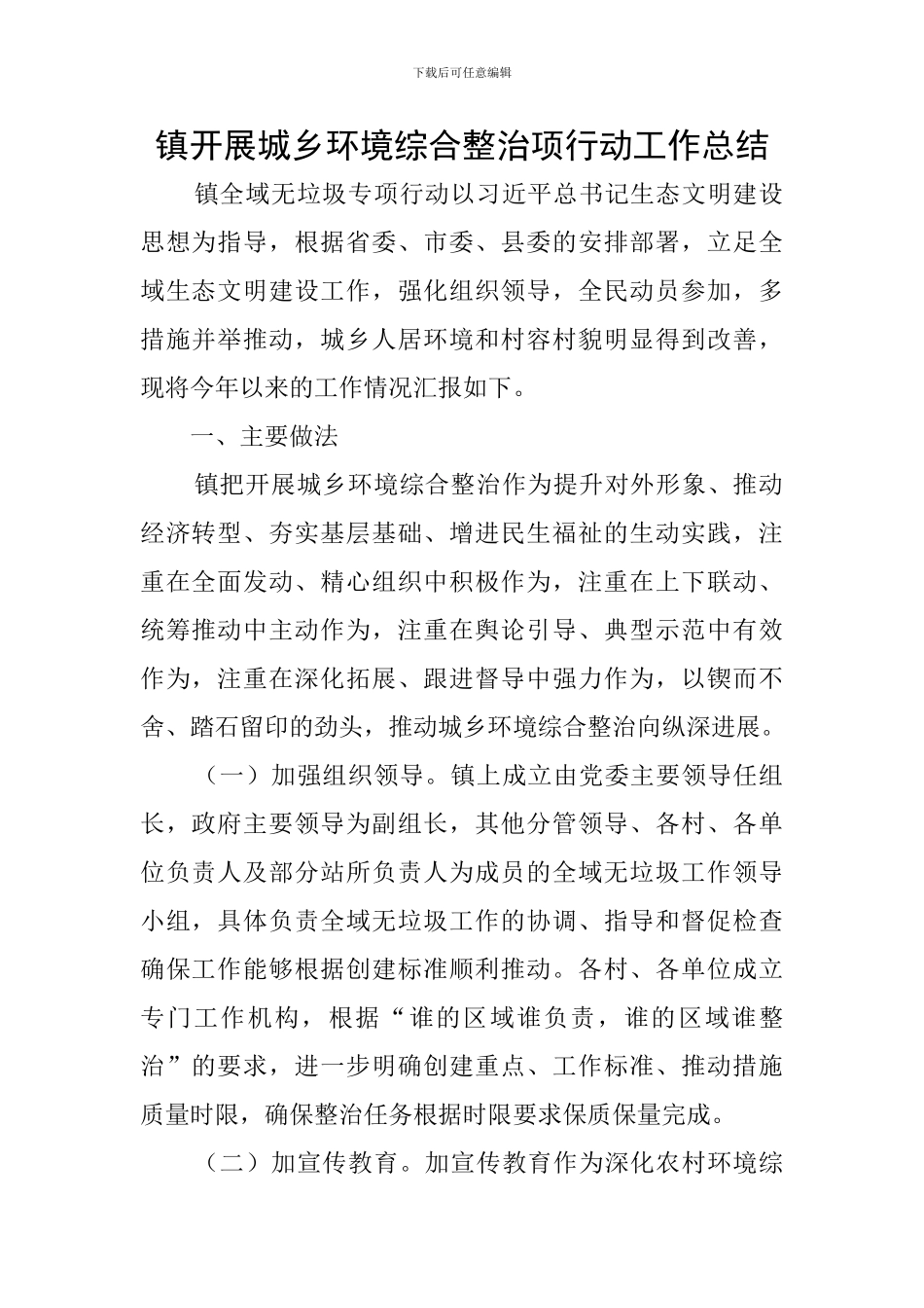 镇开展城乡环境综合整治项行动工作总结_第1页