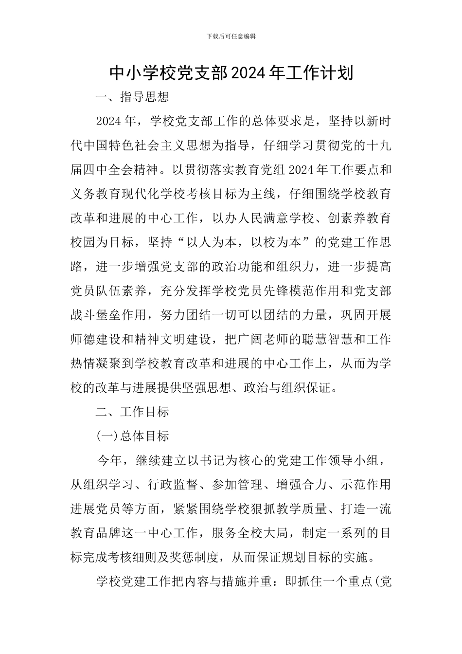 中小学校党支部2024年工作计划_第1页