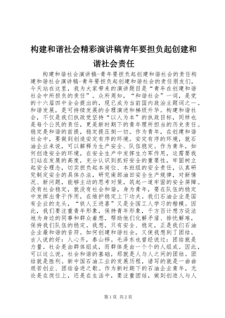 构建和谐社会精彩演讲稿范文青年要担负起创建和谐社会责任