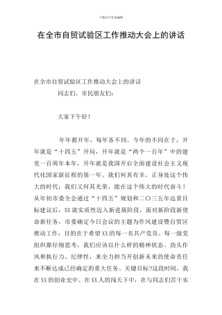 在全市自贸试验区工作推进大会上的讲话