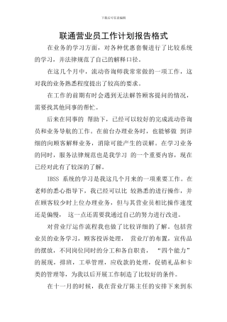 联通营业员工作计划报告格式