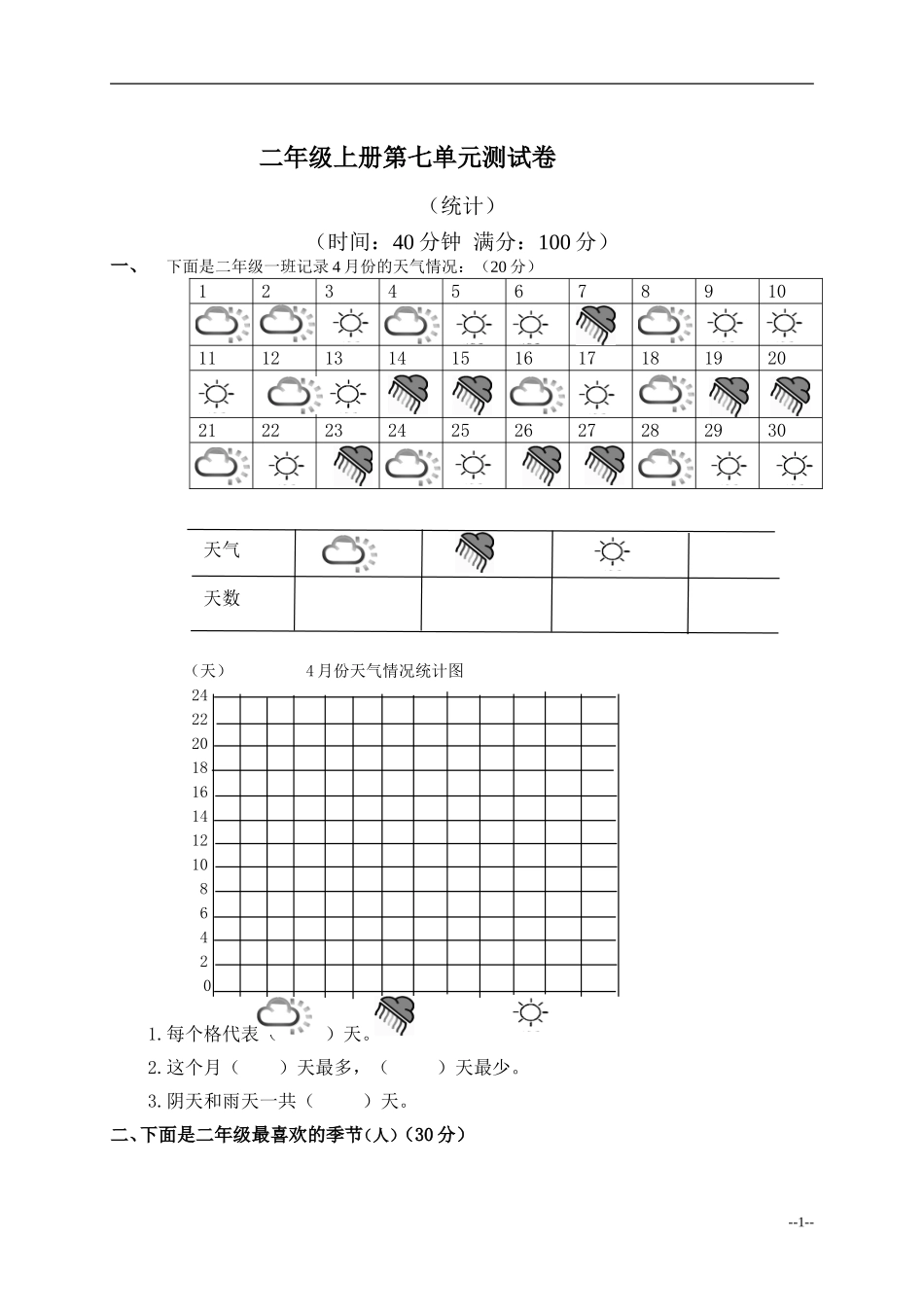 （人教新课标）二年级数学上册第七单元测试卷_第1页