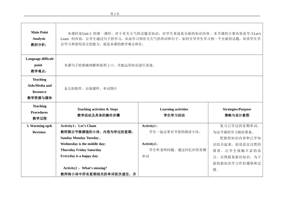 教学设计unit5it'ssunny_第2页