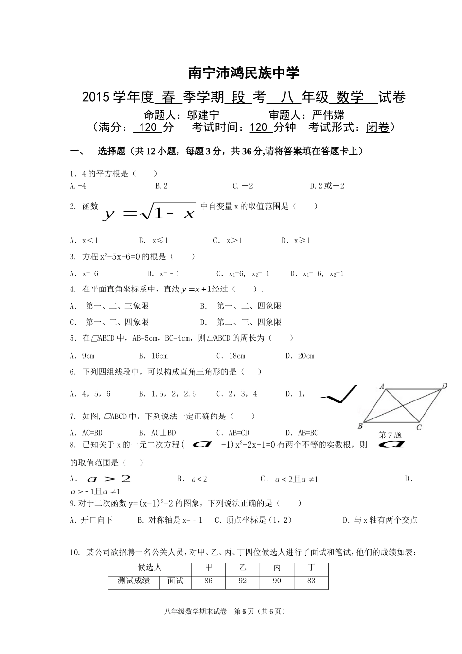 2014-2015八下期考测试题（答题卡）_第1页