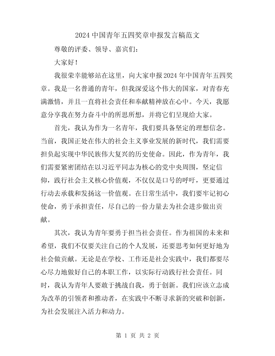 2024中国青年五四奖章申报发言稿范文 _第1页