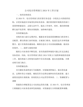 公司综合管理部门2024年工作计划 