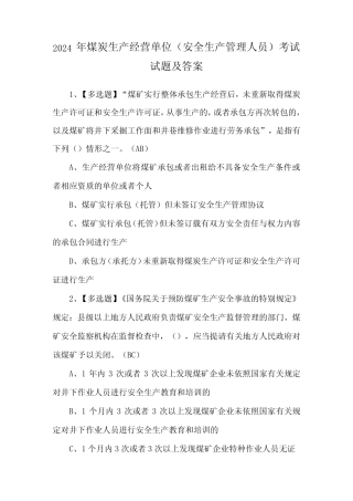 2024年煤炭生产经营单位(安全生产管理人员)考试试题及答案 