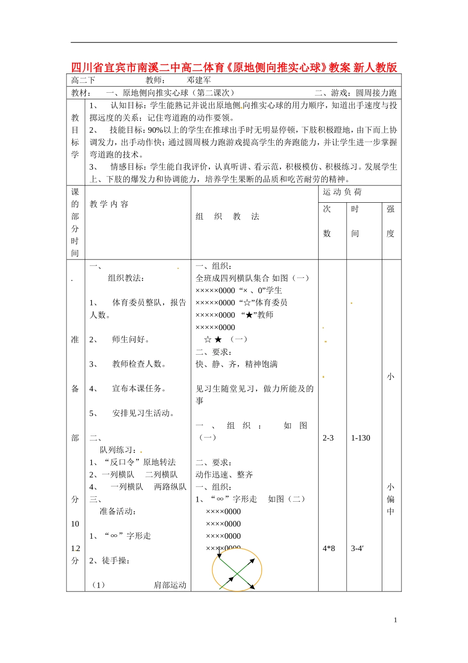 四川省宜宾市南溪二中高二体育《原地侧向推实心球》教案-新人教版_第1页