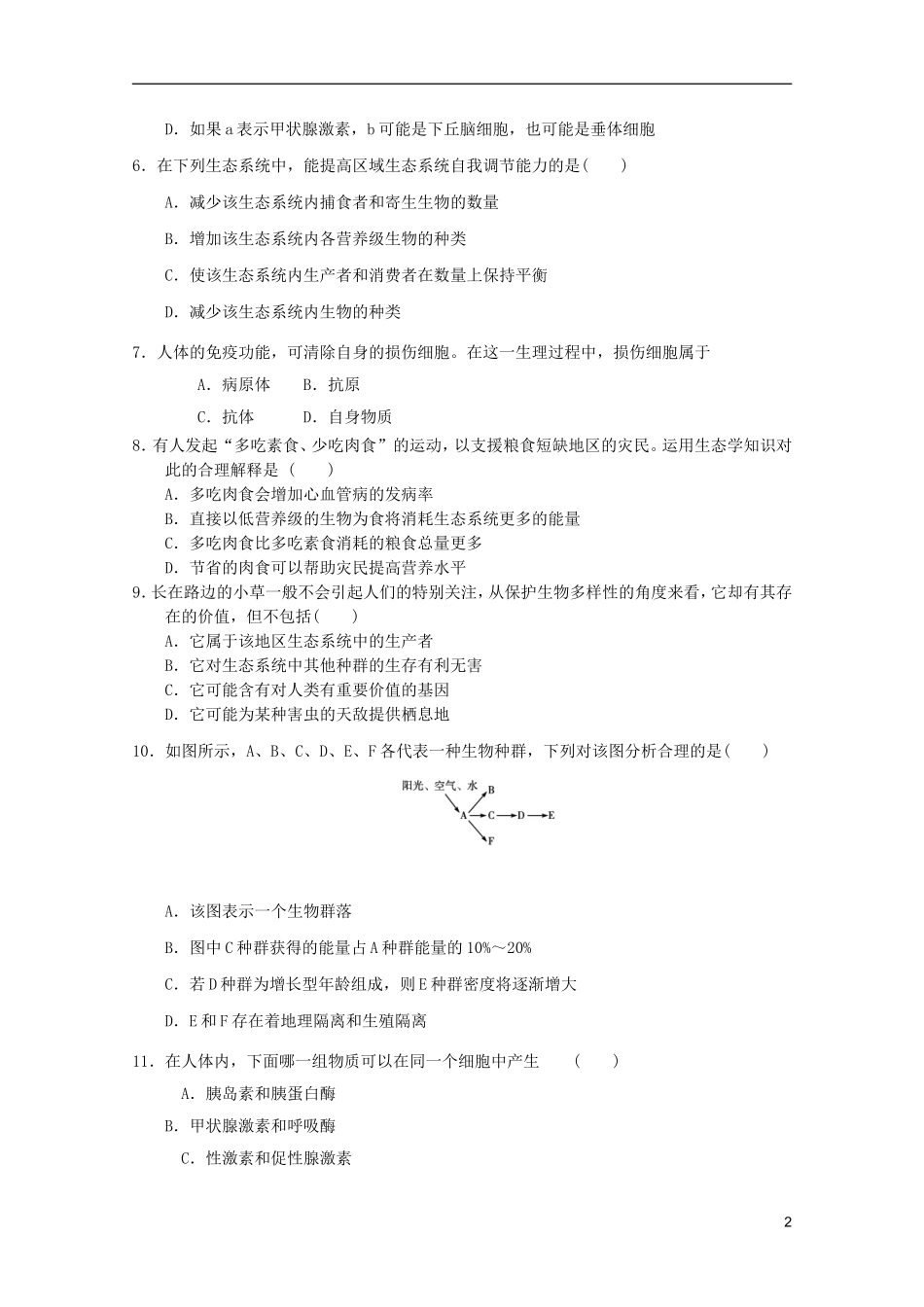 山东省2011年高中生物学业水平测试模拟试题20-新人教版必修3_第2页
