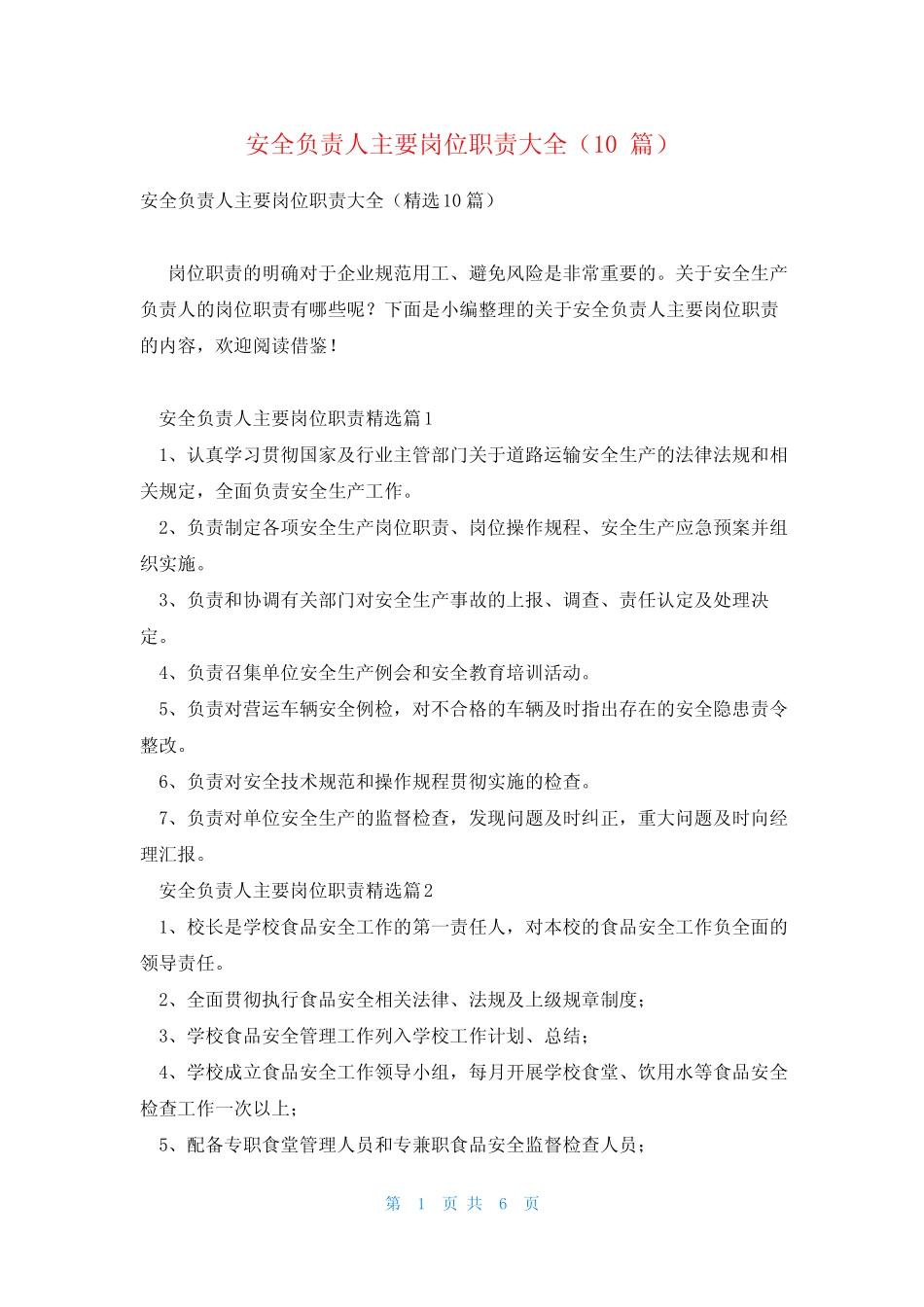 安全负责人主要岗位职责大全(10) _第1页