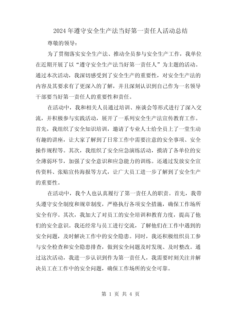 2024年遵守安全生产法当好第一责任人活动总结(二) _第1页