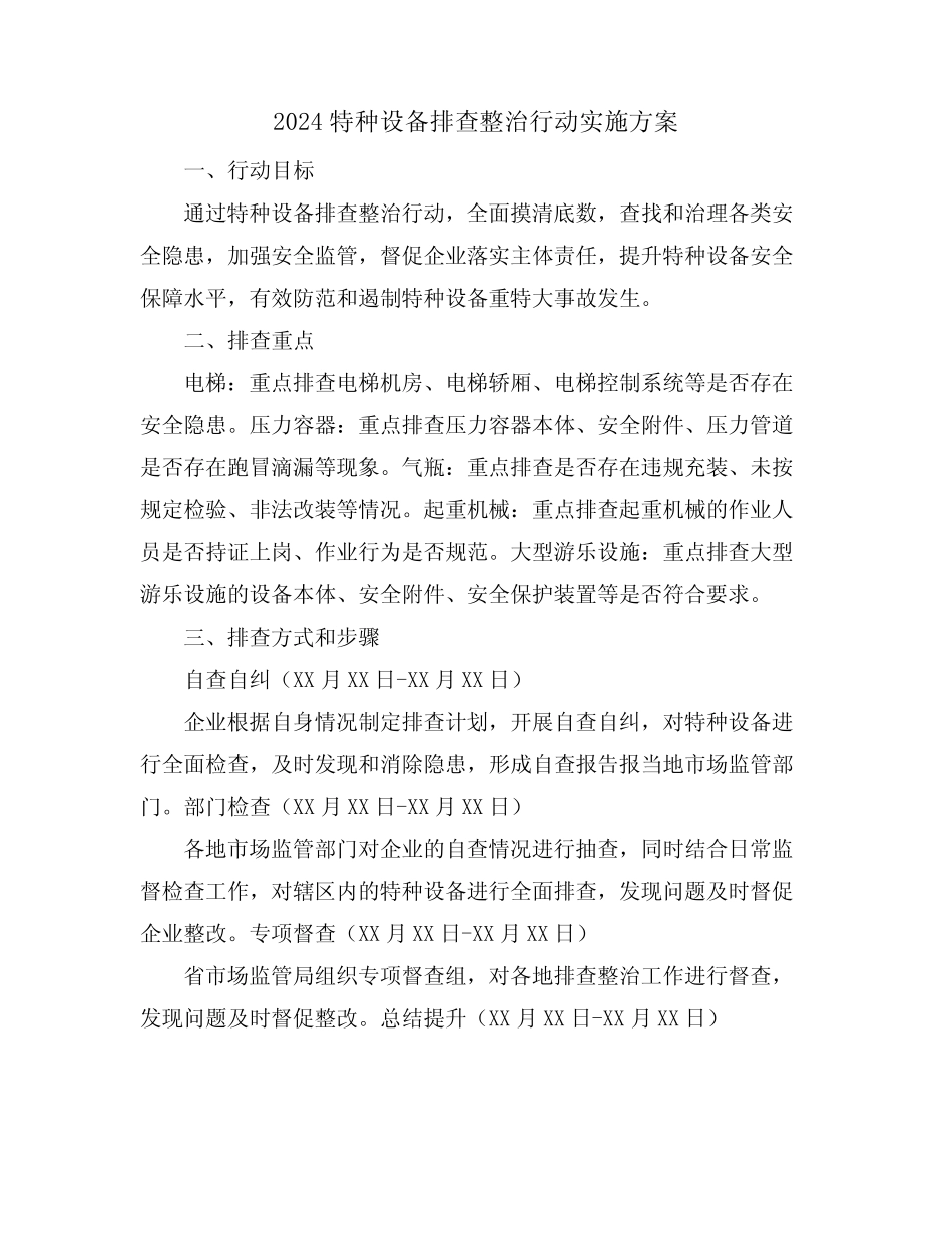 2024特种设备排查整治行动实施方案 _第1页