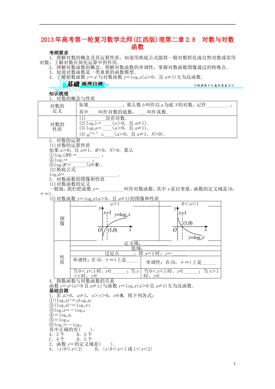 (江西版)2013年高考数学总复习-第二章2.8-对数与对数函数教案-理-北师大版_第1页