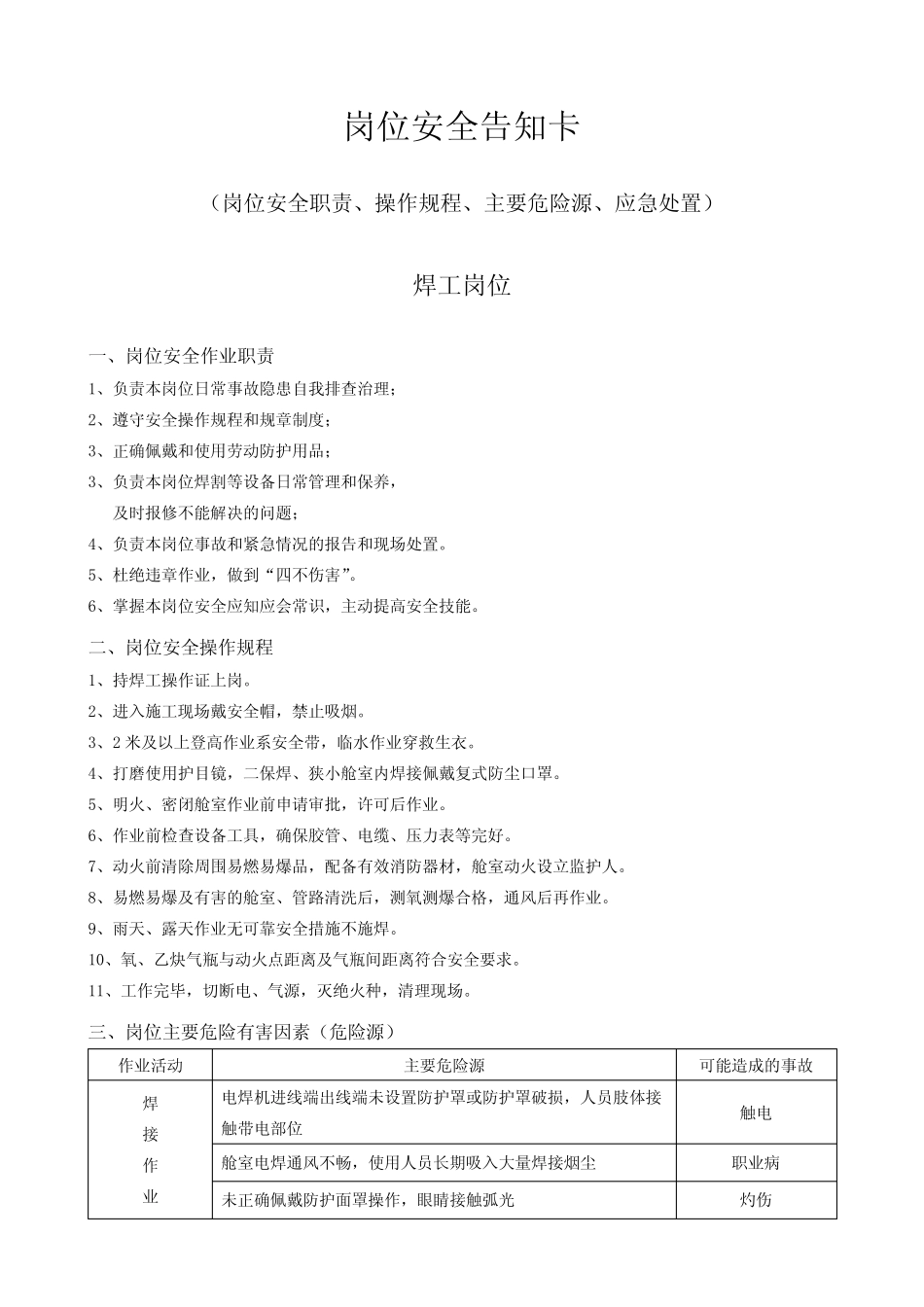 岗位安全告知卡(岗位安全职责、操作规程、主要危险源及应急处置)_第1页