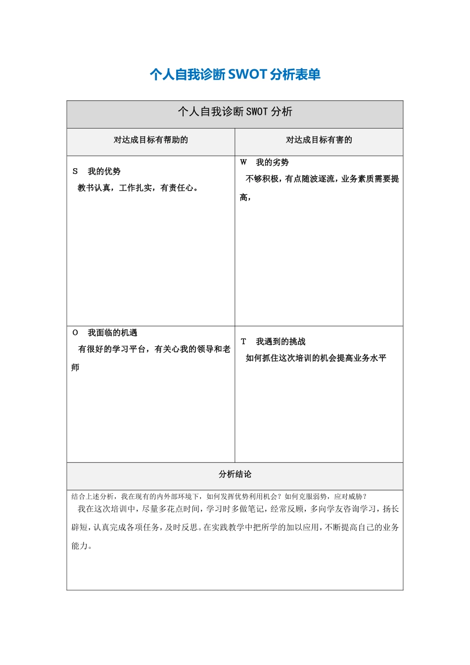 第一步骤所需文档：个人自我诊断SWOT分析表(2)_第1页