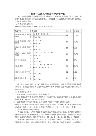 2011年上海生命科学试卷评析