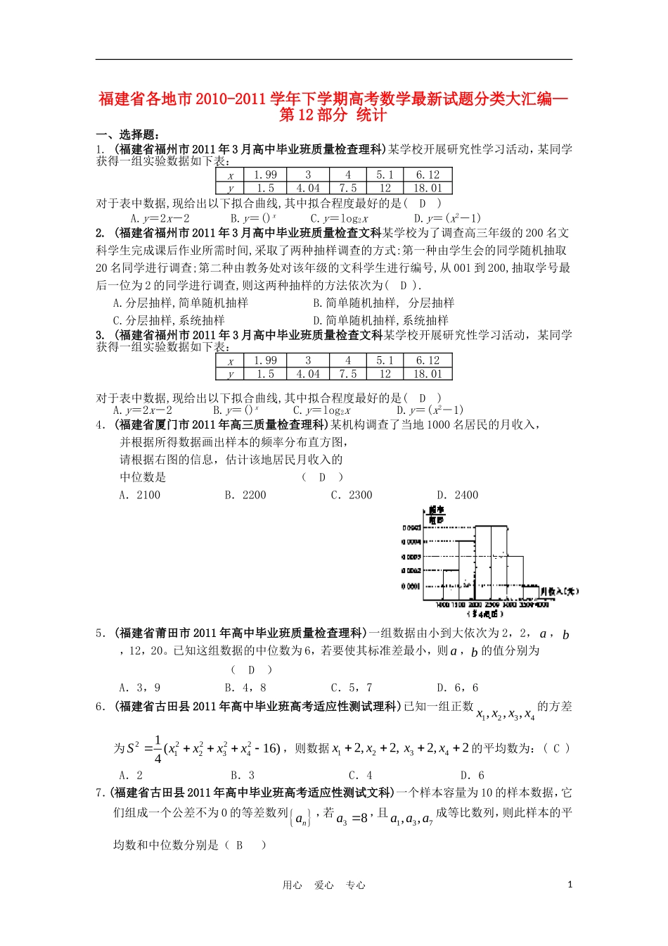 福建省各地市2011年高考数学最新联考分类汇编(12)统计_第1页