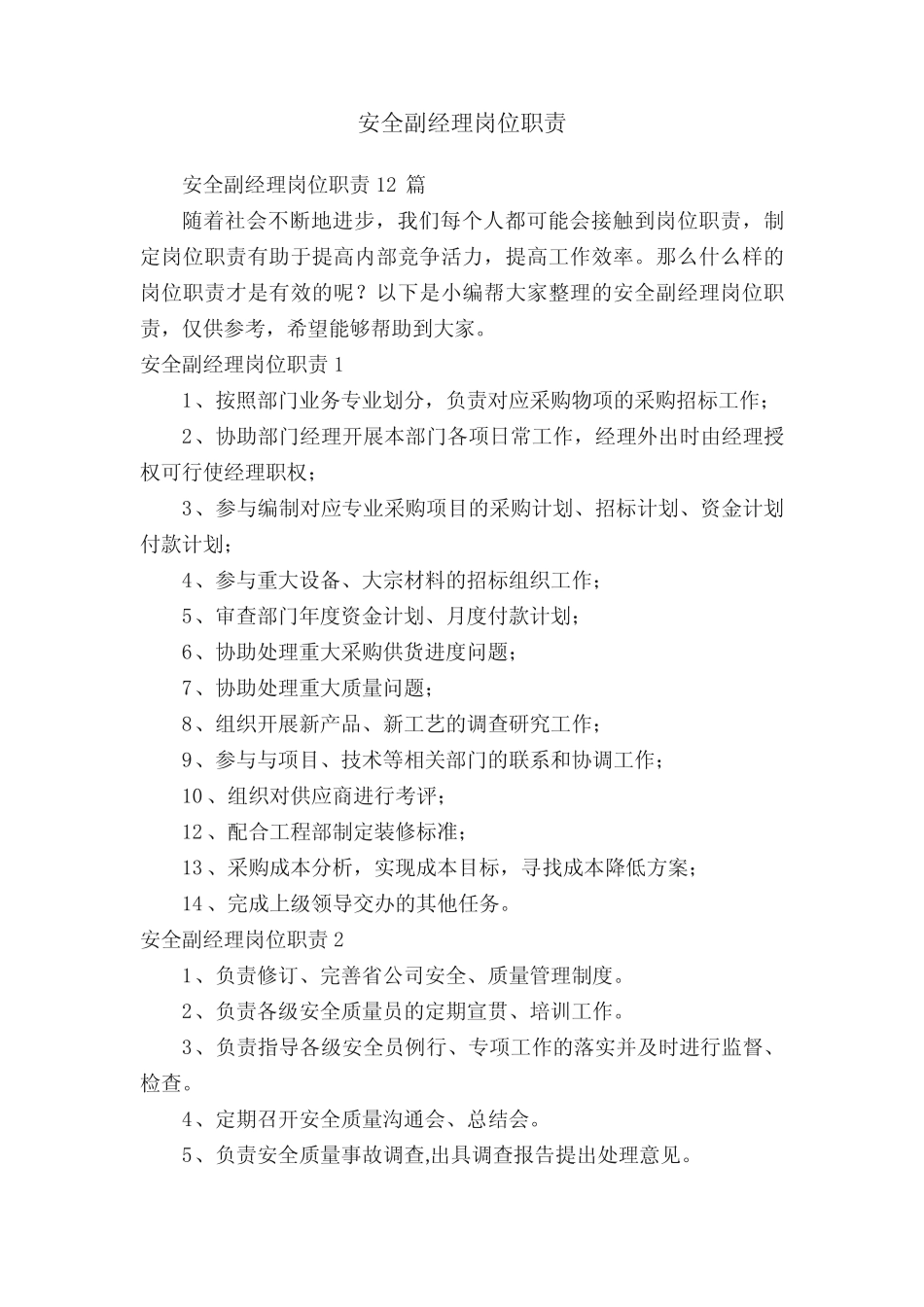 安全副经理岗位职责12 _第1页