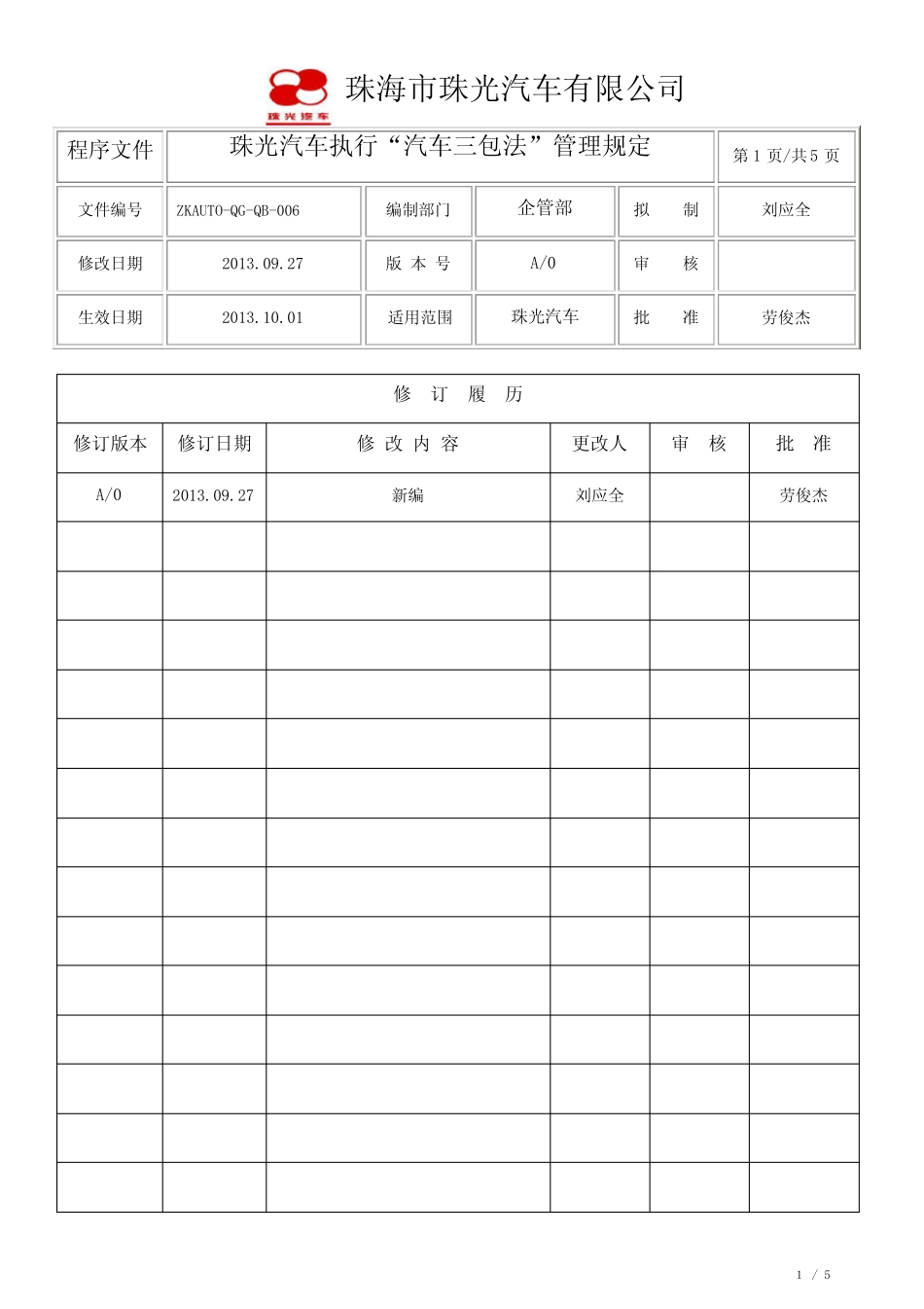 ZKAUTO-QG-QB-006 珠光汽车“汽车三包法”管理规定 _第1页