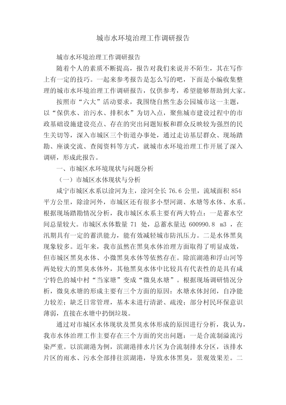 城市水环境治理工作调研报告 _第1页