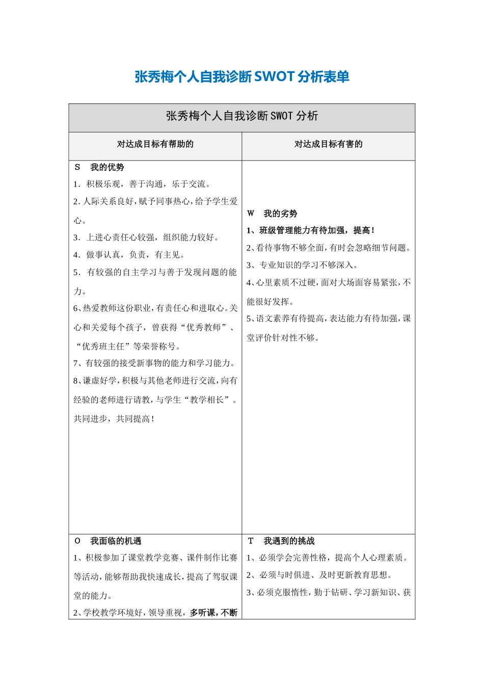 张秀梅个人自我诊断SWOT分析表_第1页