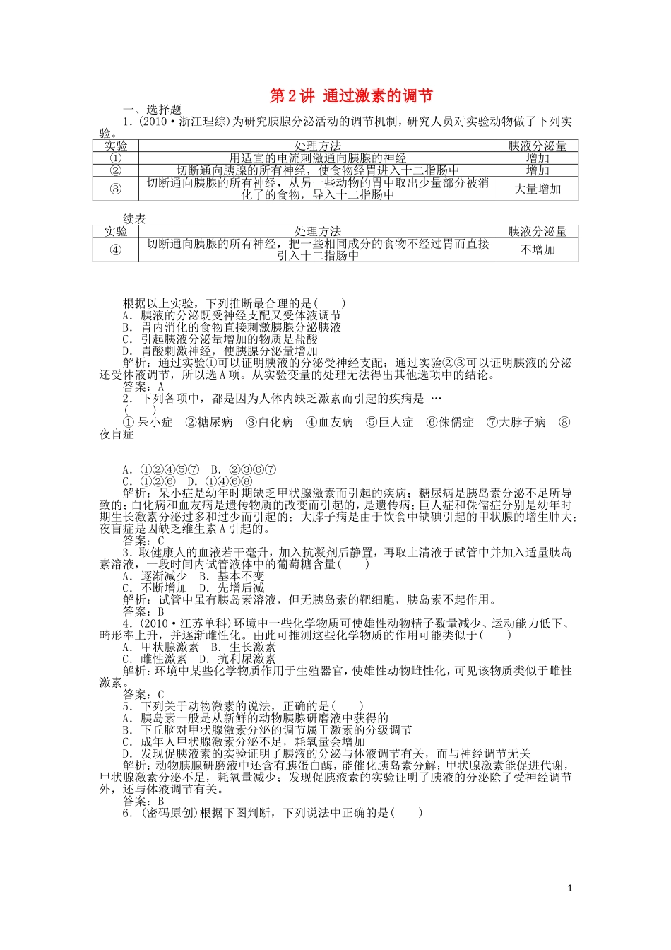 《高考密码》2012高中生物总复习-第二章-第2讲-通过激素的调节课时训练-新人教版必修3_第1页