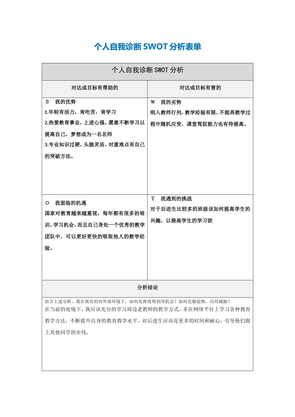 李文平个人自我诊断SWOT分析表_第1页