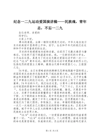 纪念一二九运动爱国演讲稿范文——民族魂，青年志，不忘一二九