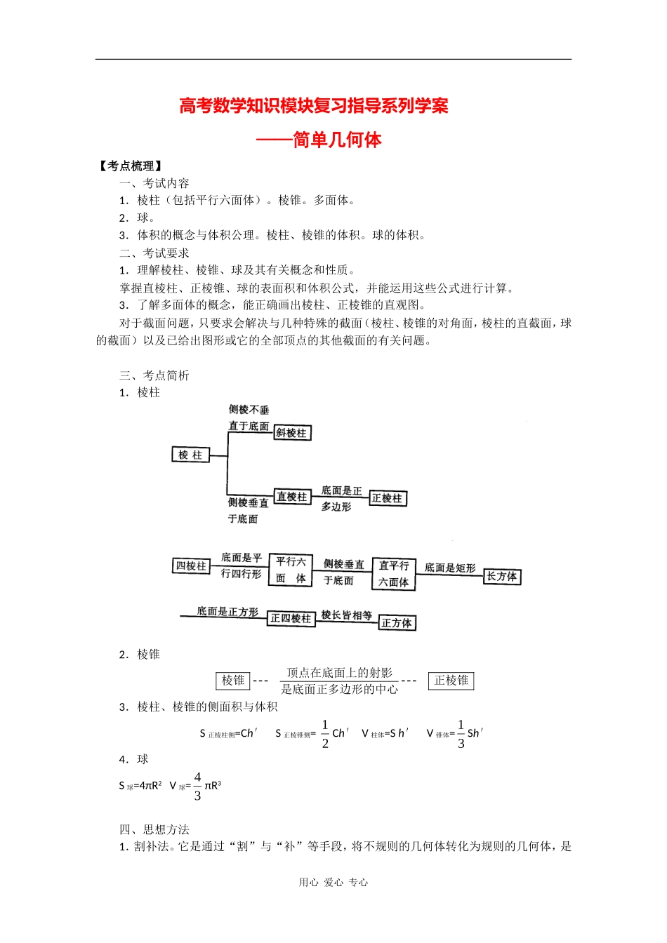 高三数学高考知识模块复习指导学案——简单几何体_第1页