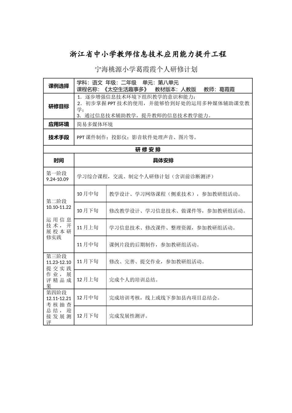 葛霞霞个人研修计划_第1页