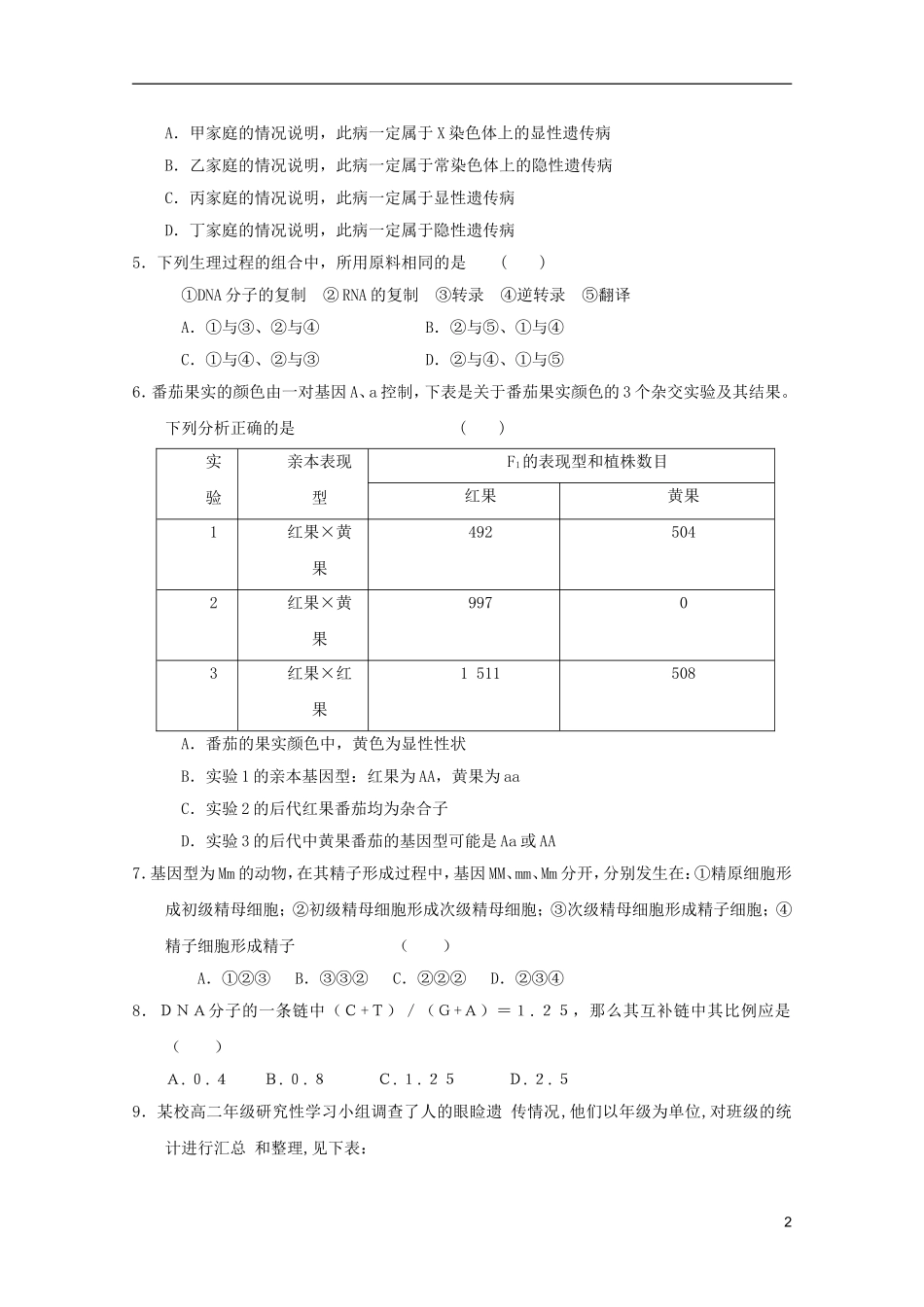 山东省2011年高中生物学业水平测试模拟试题18-新人教版必修2_第2页