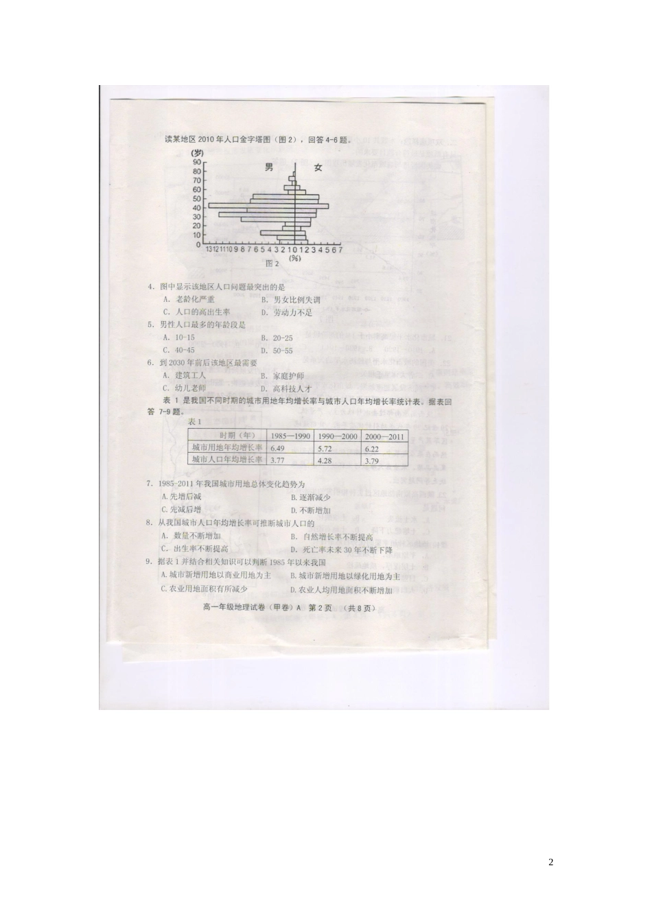 河北省唐山市2012-2012学年度高一地理第二学期期末考试(扫描版-无答案)_第2页