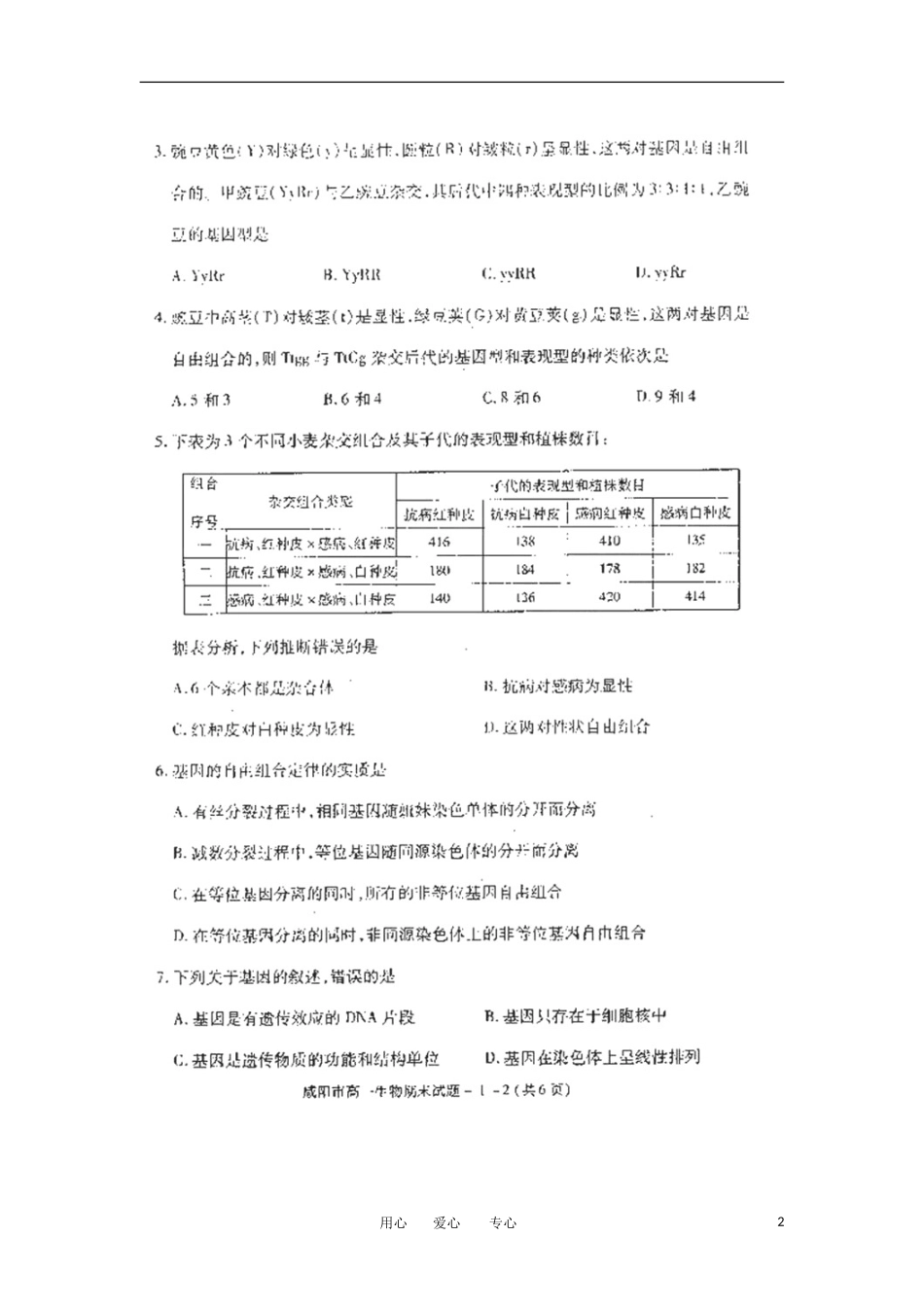 陕西省咸阳市2011-2012学年高一生物下学期期末教学质量检测试题(扫描版)_第2页
