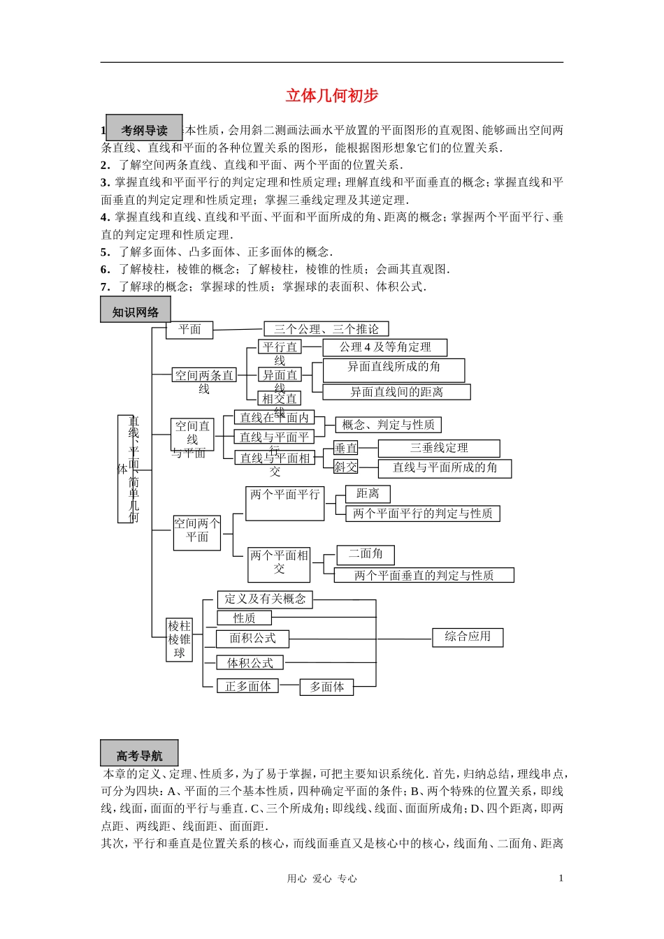 天津101中学2011届高考数学总复习-立体几何单元精品教学案(教师版全套)_第1页