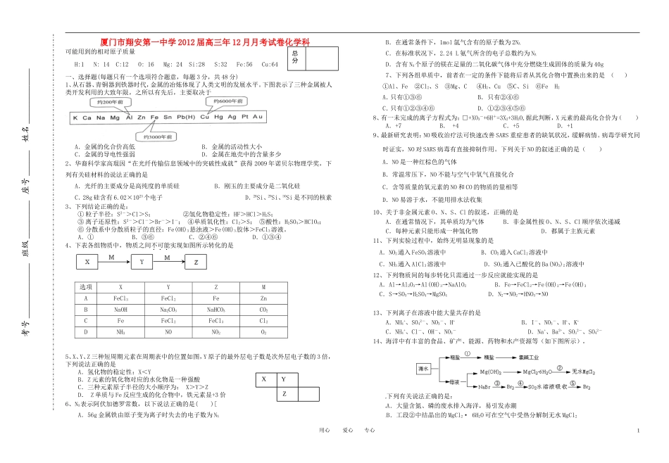 福建省厦门市翔安一中2012届高三化学12月月考试卷鲁科版【名校特供】_第1页