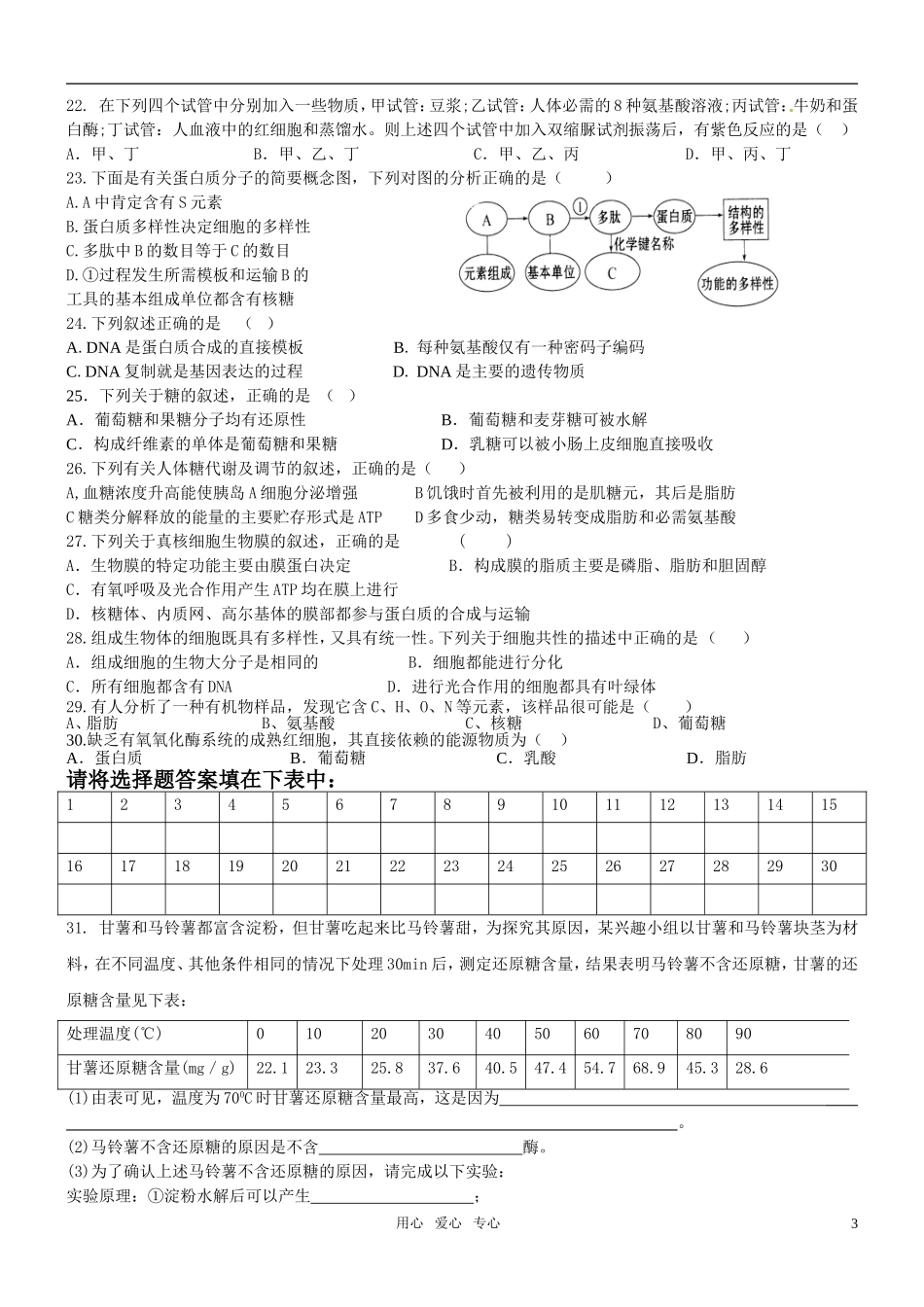 高中生物专题一-《细胞的化学组成》针对性训练-中图版必修1_第3页