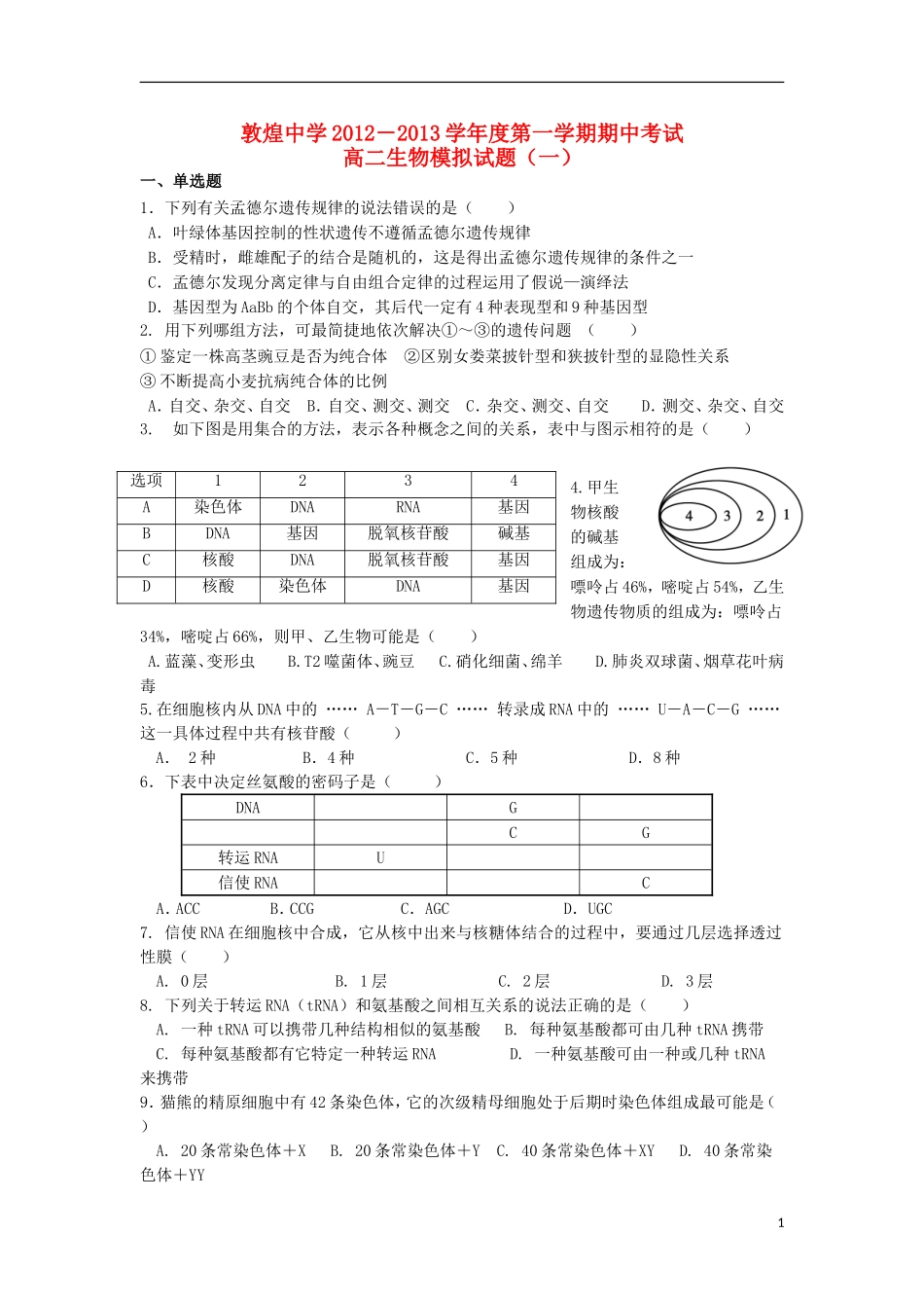 甘肃省敦煌市2012-2013学年高二生物上学期期中检测试题(无答案)新人教版_第1页