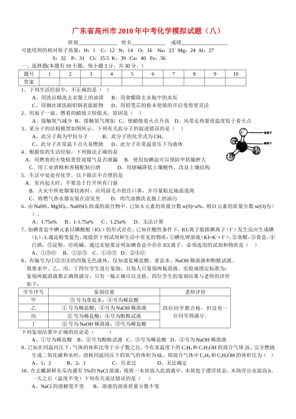 广东省高州市2010年九年级化学中考模拟试题(八)人教版_第1页