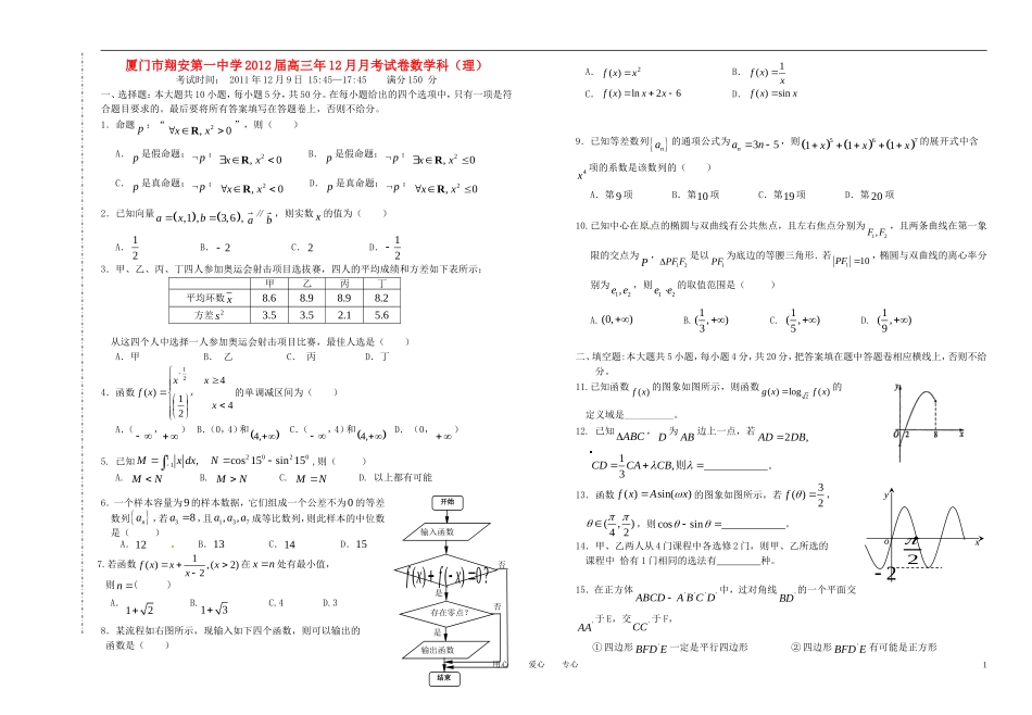 福建省厦门市翔安一中2012届高三数学12月月考试卷-理-新人教版【名校特供】_第1页
