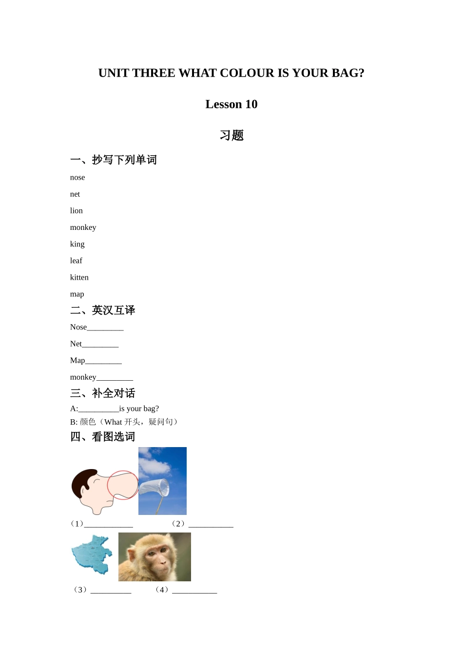 UNIT-THREE-WAHT-COLOUR-IS-YOUR-BAG-Lesson-10-习题_第1页