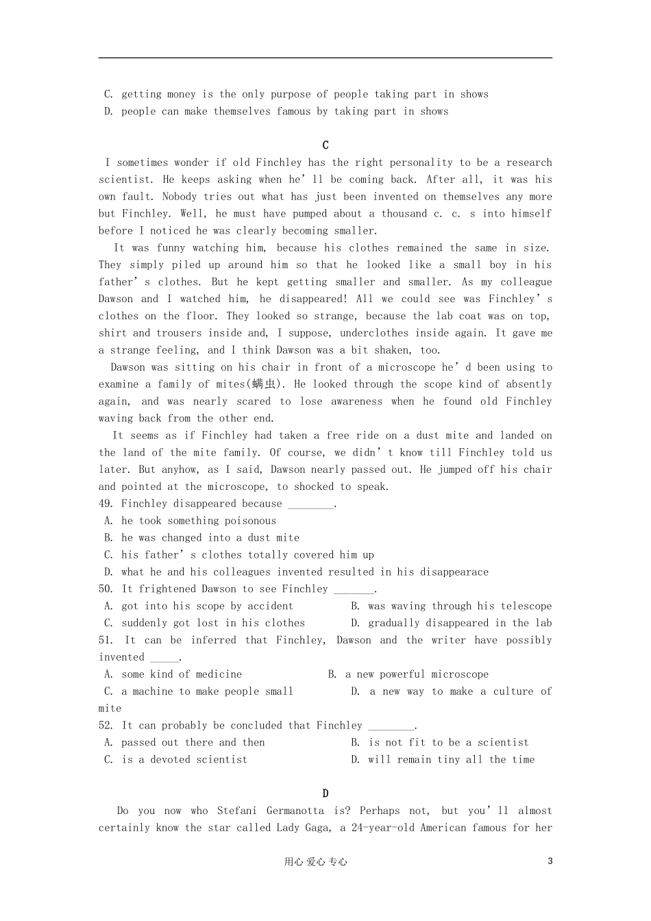 四川省仁寿县城北教学点2012届高三英语阅读理解限时训练(9)_第3页