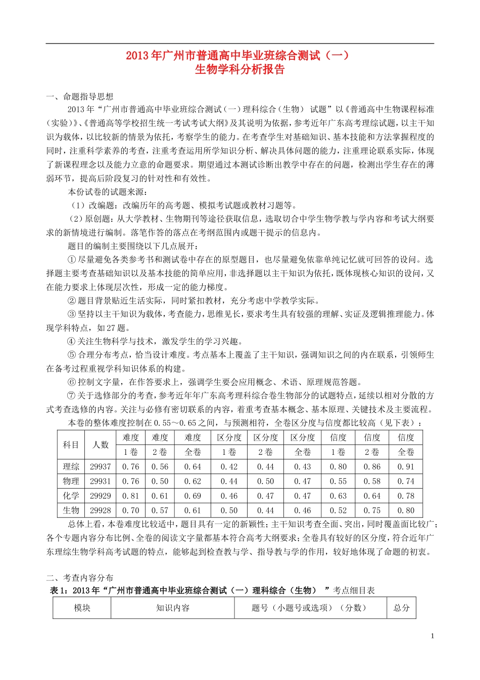 2013年广州市高考生物-科分析报告论文-新人教版_第1页