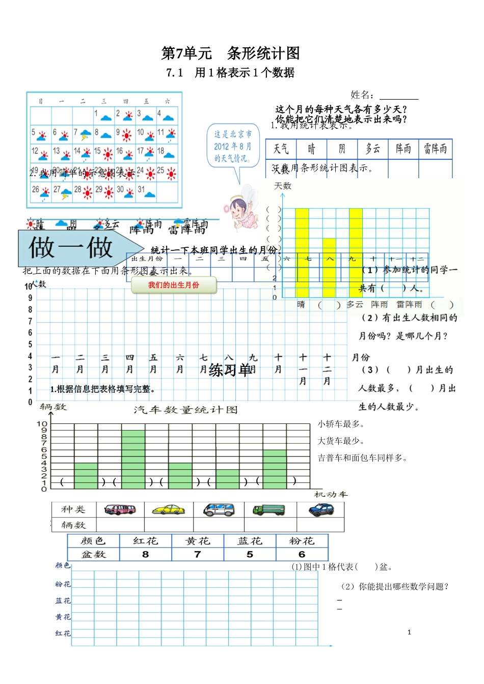 小学人教四年级数学1格表示1个单位的条形统计图-练习单_第1页