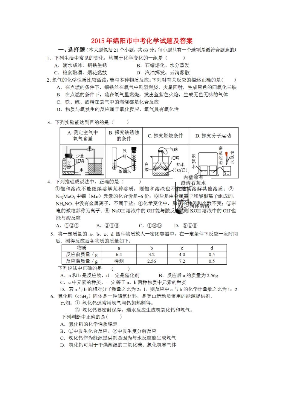 2015年绵阳市中考化学试题及答案_第1页