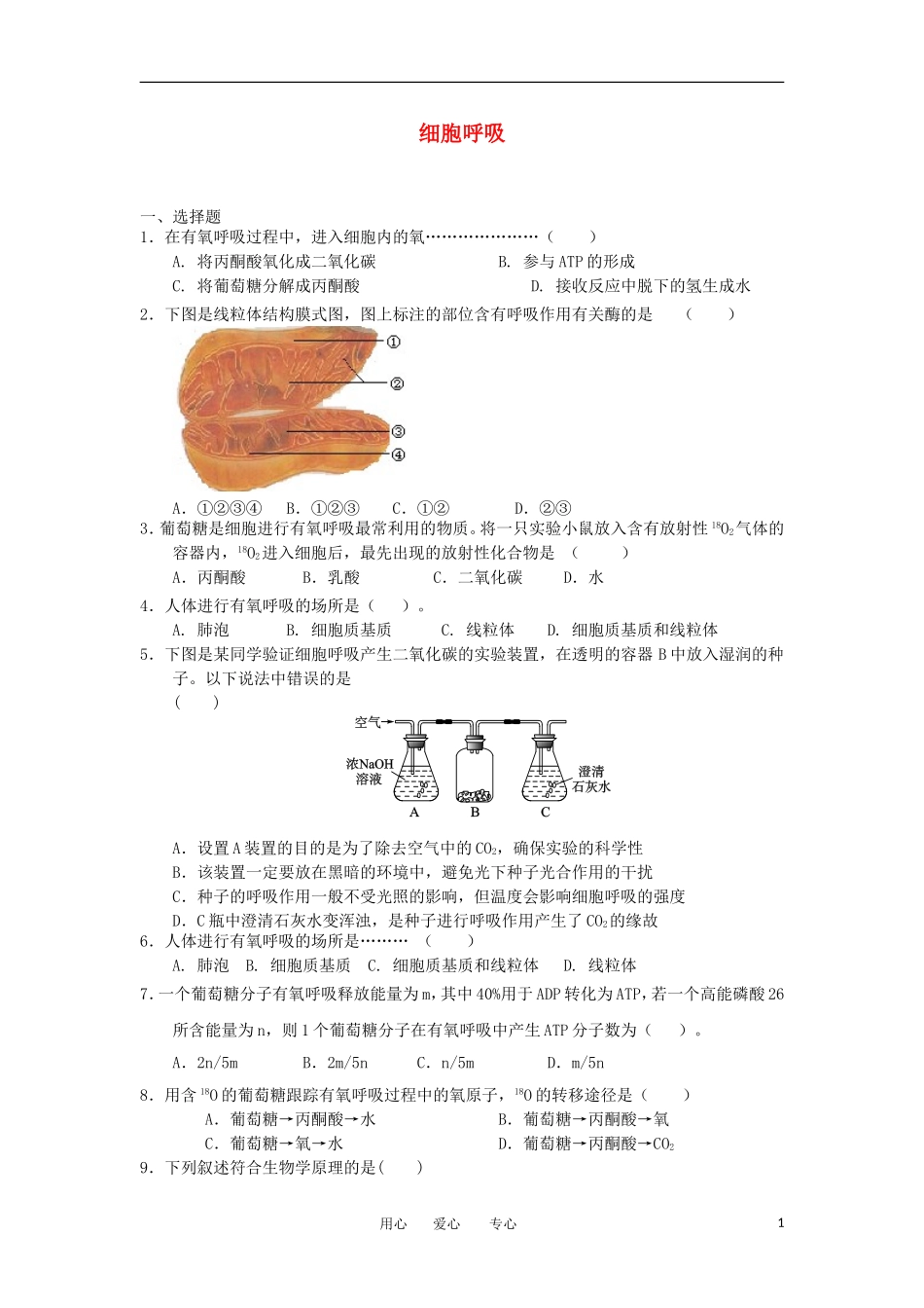 2012高一生物-3.4细胞呼吸6每课一练-浙科版必修1_第1页